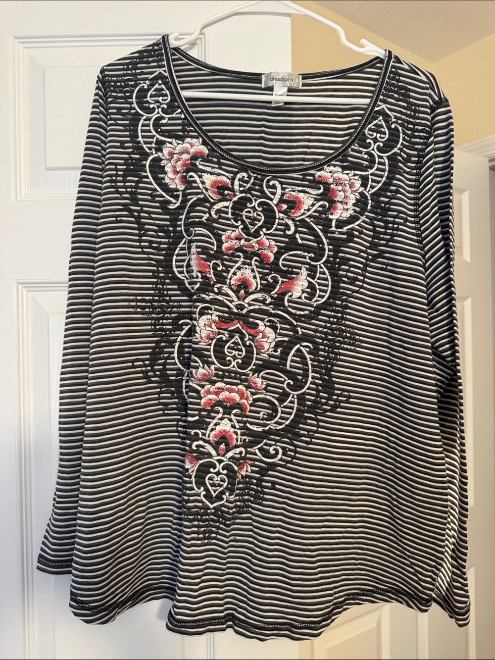 dressbarn Black and White Striped Long-Sleeve Top with Pink Floral Embroidery